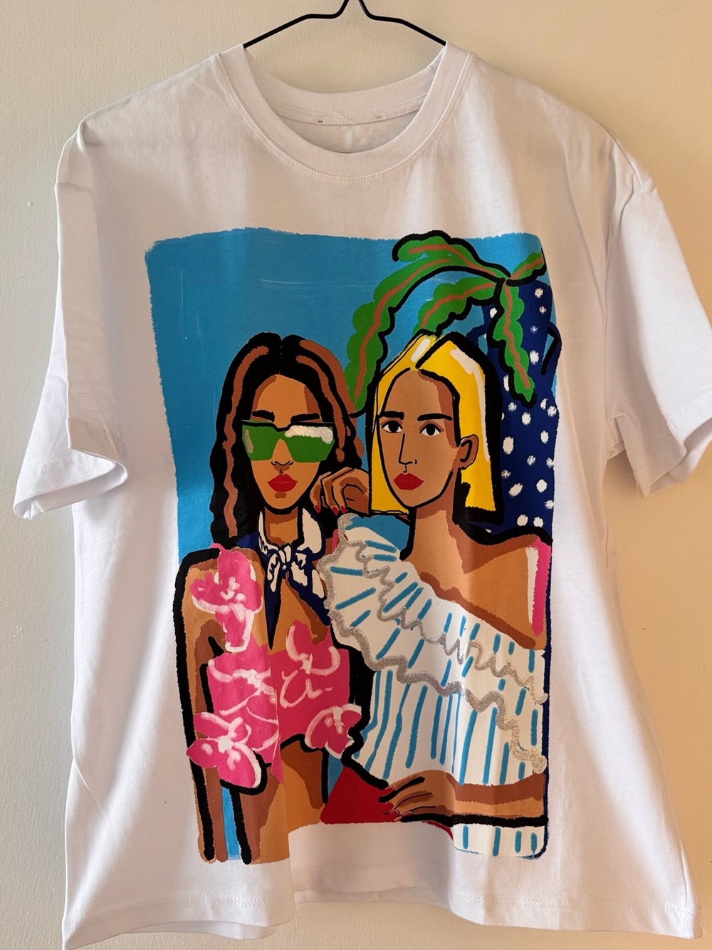 Zara White Tee with Pink, Blue & Green Tropical Graphic